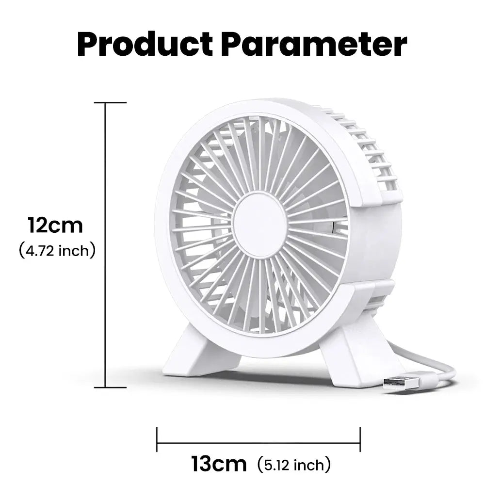 Simples Market mini USB table fan; white portable desk fan, 12 cm tall, 13 cm wide with USB cable.