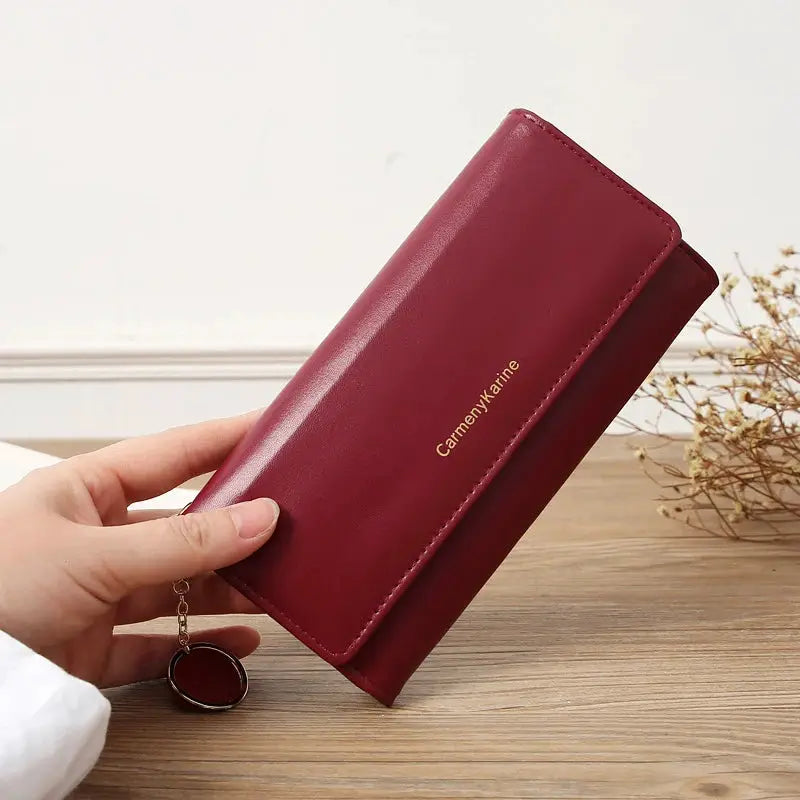 Simples Market burgundy PU leather long wallet with fold clutch design and key ring
