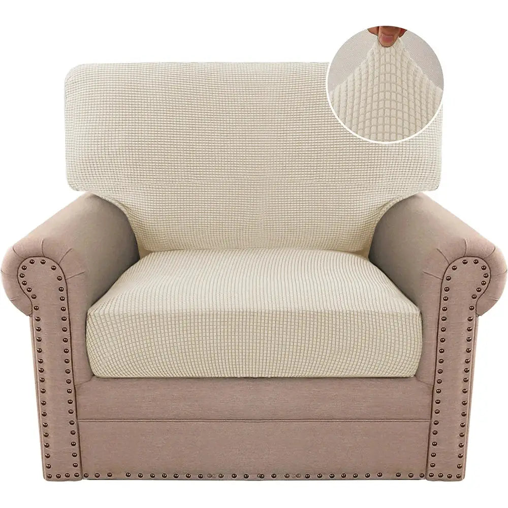 Jacquard Pure sofa cover by Simples Market; polar fleece stretch armchair protector in beige with studded trim.