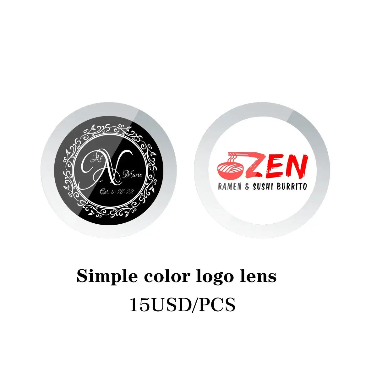 Logo lens pair from Simples Market; simple color discs with black ornate emblem and red Zen logo.