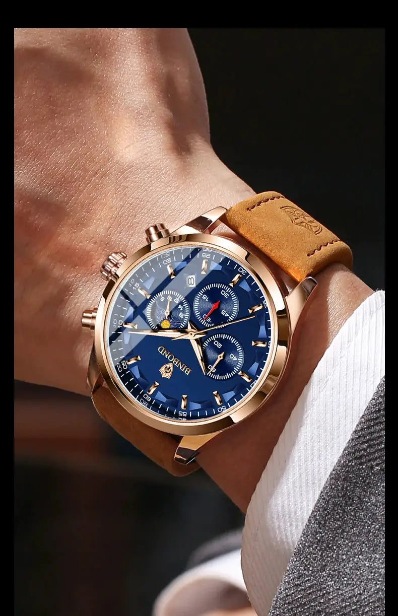 BINBOND men's wristwatch with blue dial and brown leather strap.