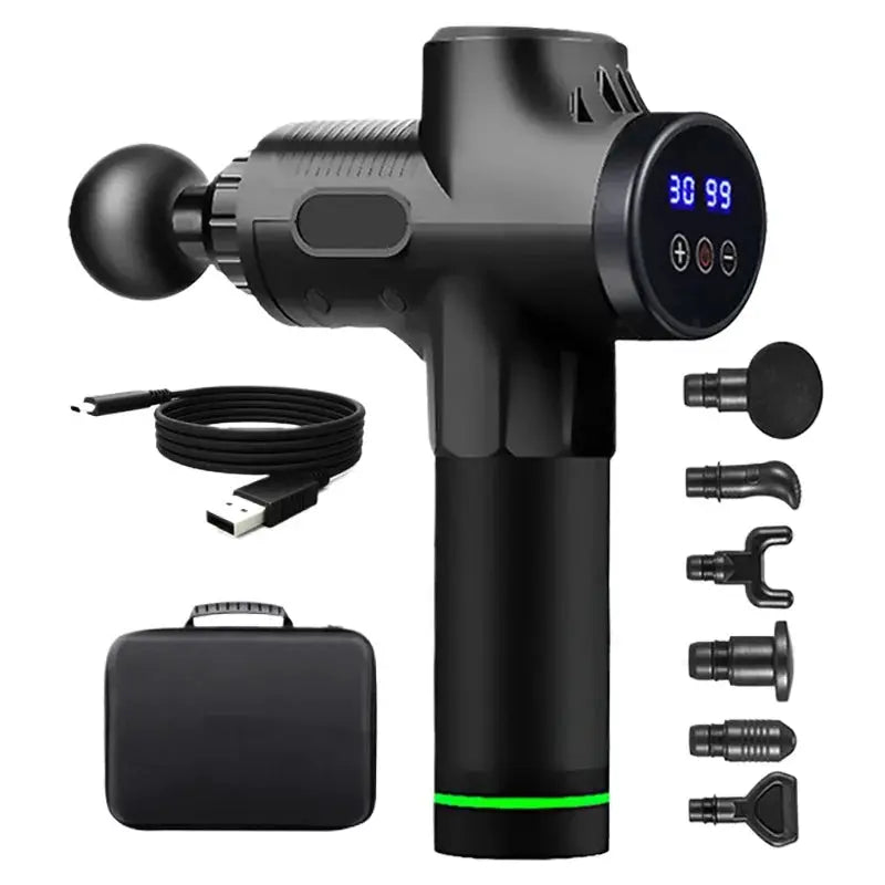 Fascial massage gun by Simples Market with display, cordless percussion massager plus 6 heads, USB cable and carry case.