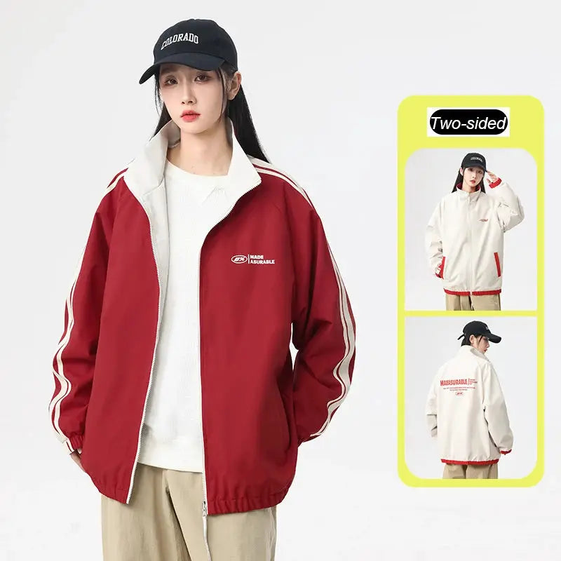 Two-sided reversible windproof jacket in red with white lining, outdoor coat for men and women