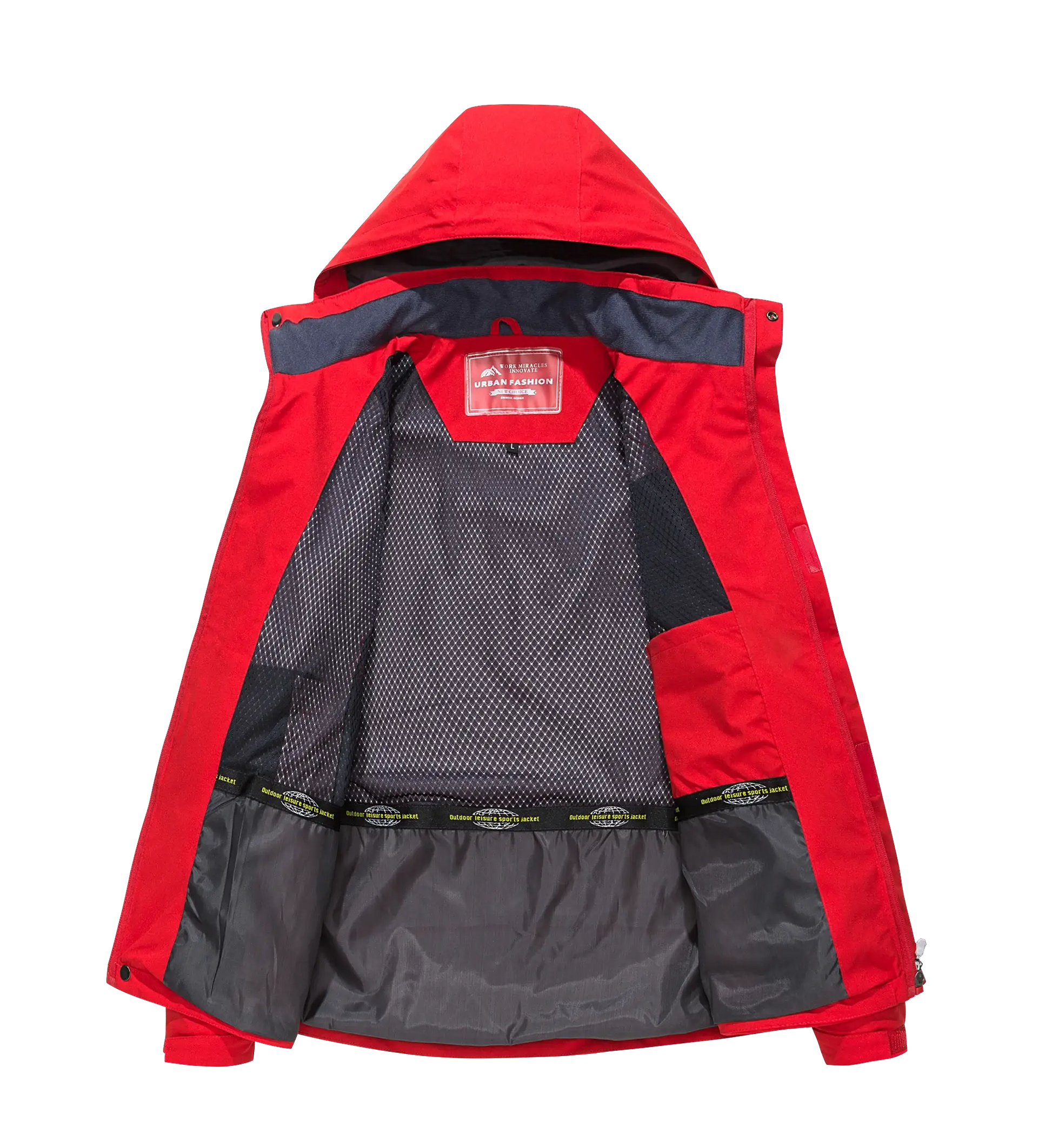 Men's red waterproof hiking jacket with hood and black mesh interior lining