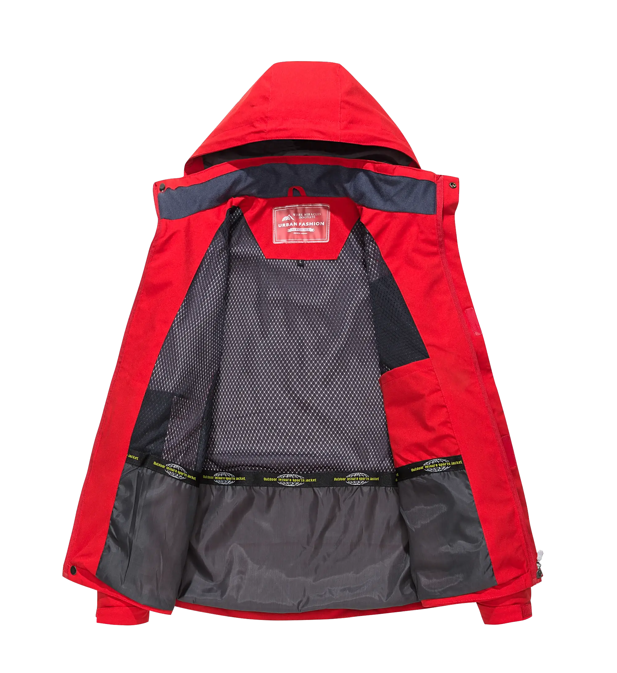 Men's red waterproof hiking jacket with hood and black mesh interior lining