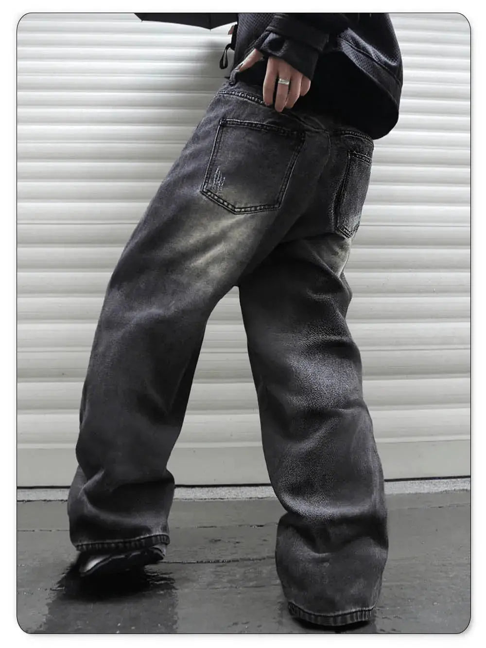LIYS unisex retro gray denim jeans with ultra baggy wide-leg fit and back pocket detail
