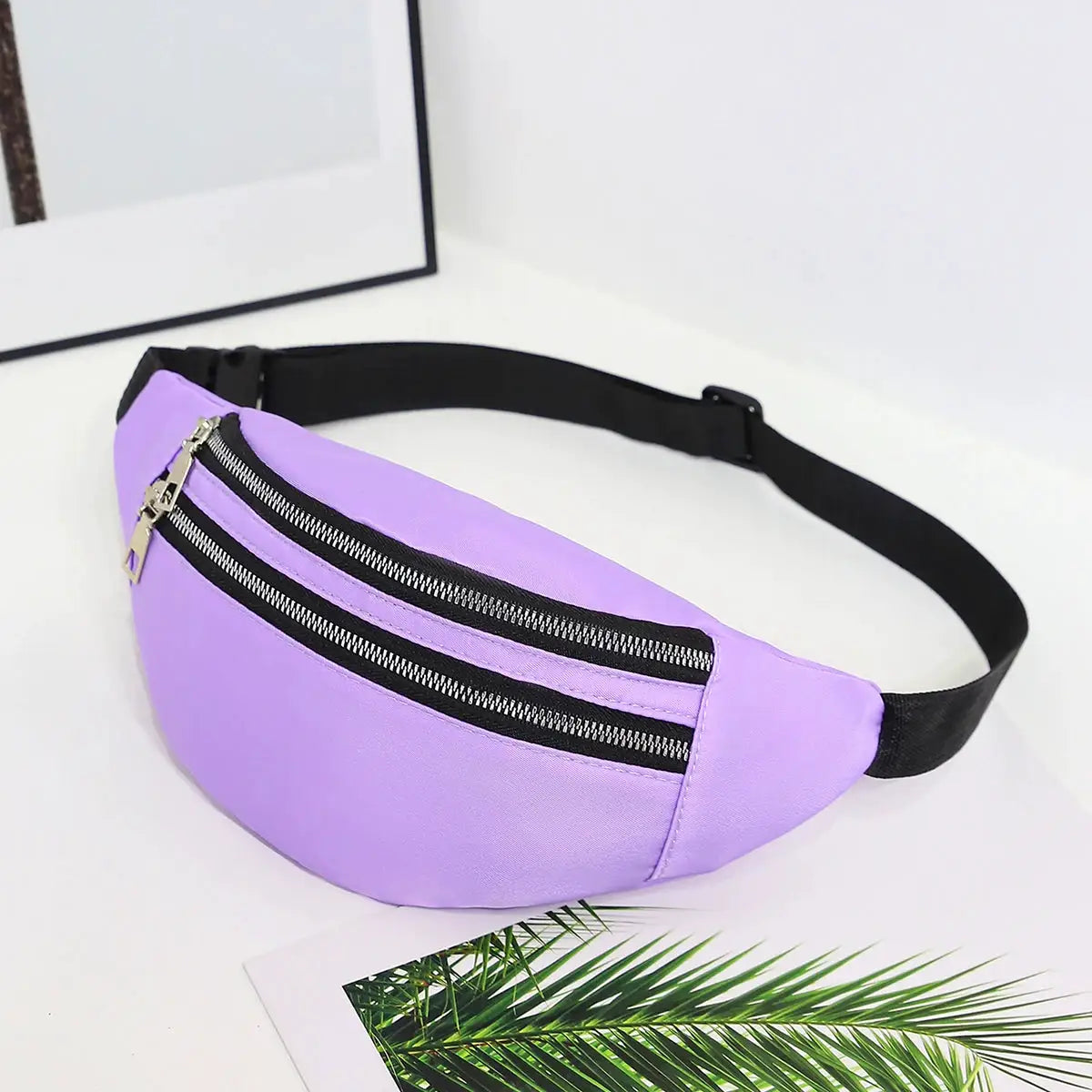 Simples Market lilac fanny pack waist bag with dual zippers and black adjustable strap