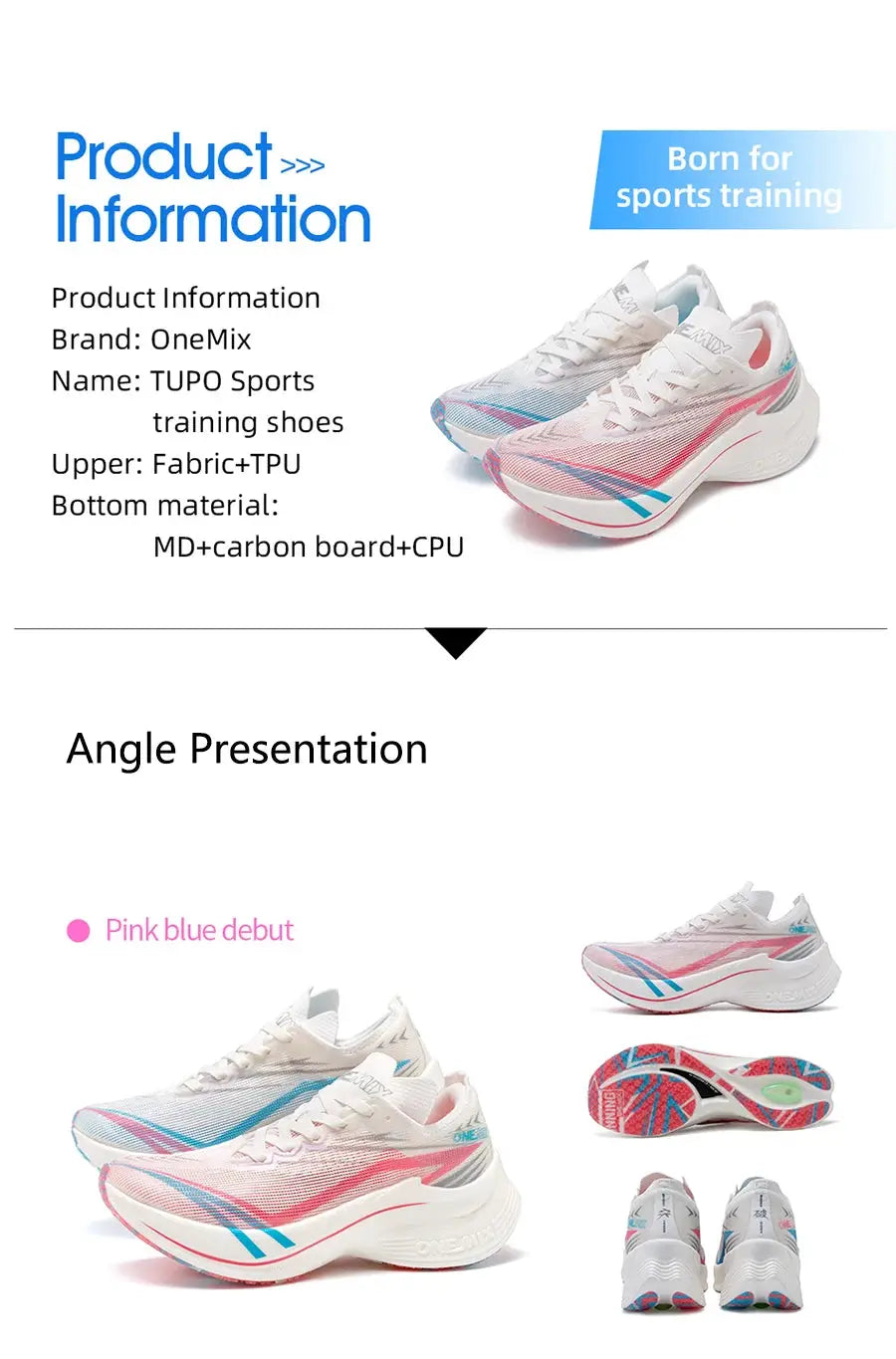 OneMix marathon carbon-plate running shoes for men in white with pink/blue accents