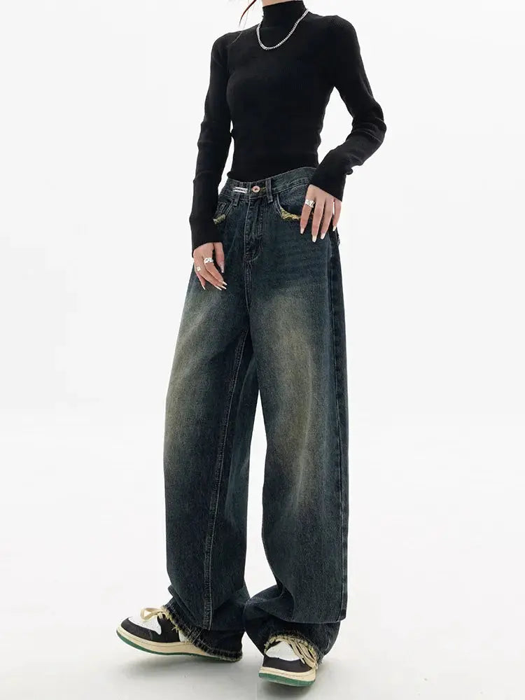 High Waist Wide Leg Jeans Women Harajuku Vintage BF Style Denim