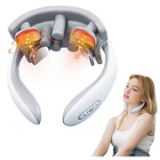 Vibration neck massager, rechargeable white/gray wearable with red LED massage pods