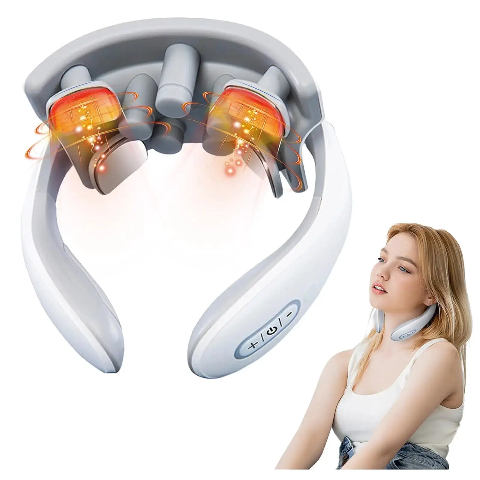 Vibration neck massager, rechargeable white/gray wearable with red LED massage pods