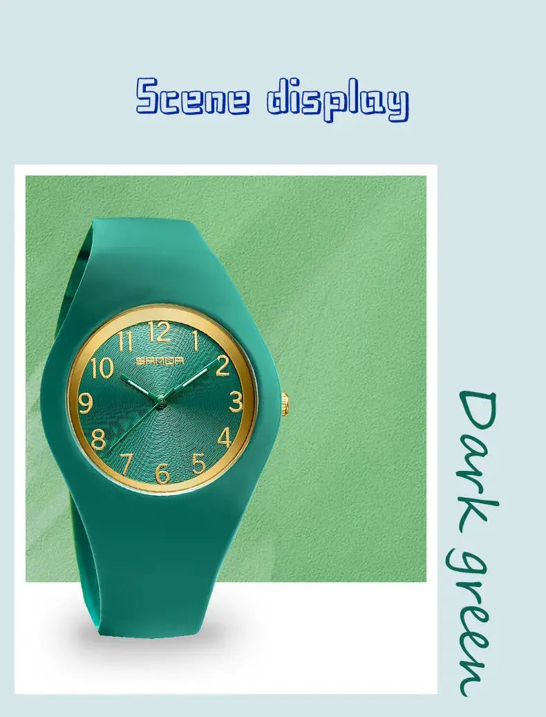 SANDA 6186 silicone-strap quartz wristwatch in teal green with gold-tone dial by Simples Market
