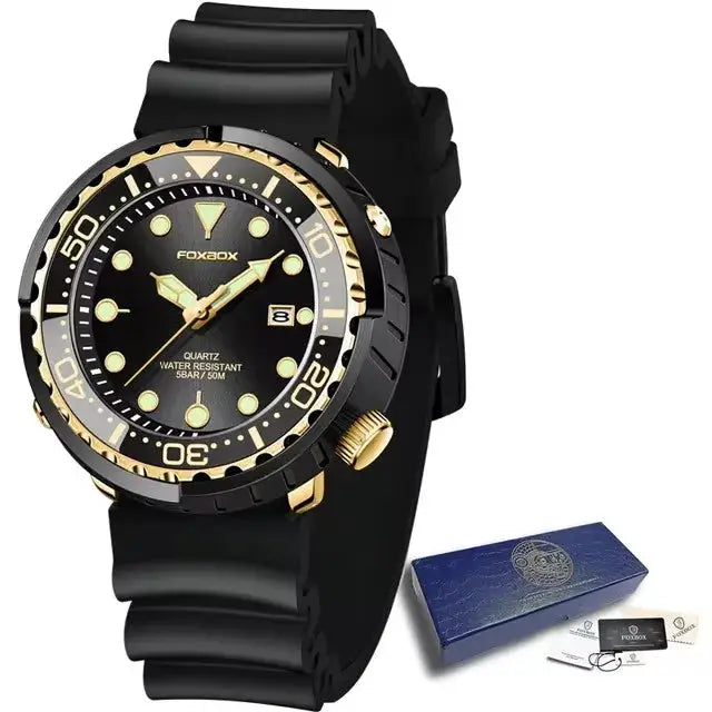 Foxbox diver watch for men, black and gold-tone quartz with date window, rubber strap, 50m water resistant, in blue box