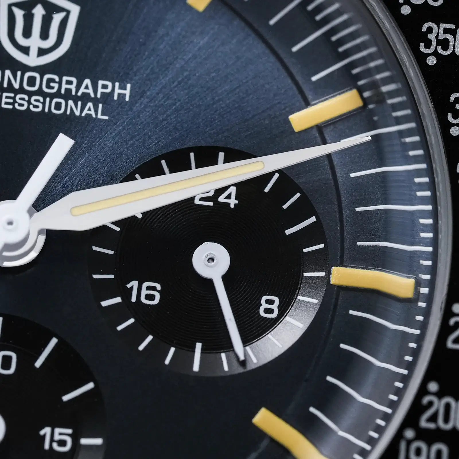 Watchdives WD1863 39mm chronograph watch dial close-up with white hands, black subdial, and yellow luminous markers
