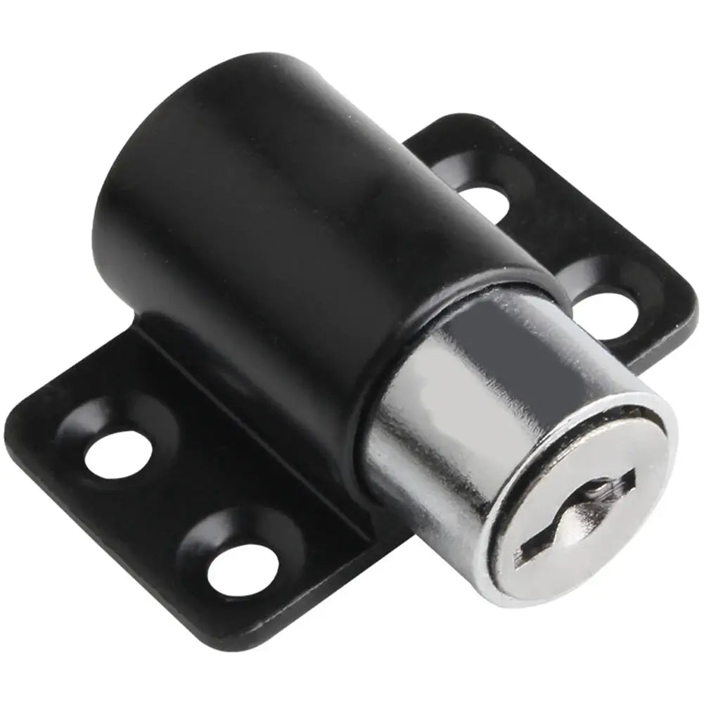 Sliding door lock with key cylinder, black housing and silver bolt