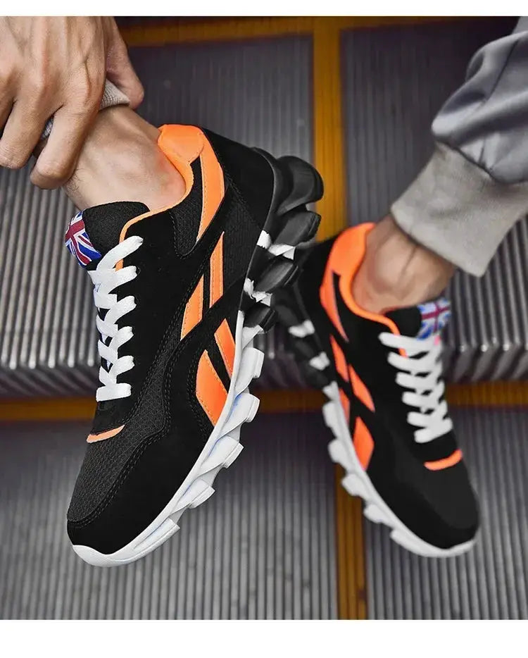 Brand Trend men's wear-resistant cushioned sneakers, black with orange accents and thick white soles, 2 sneakers shown