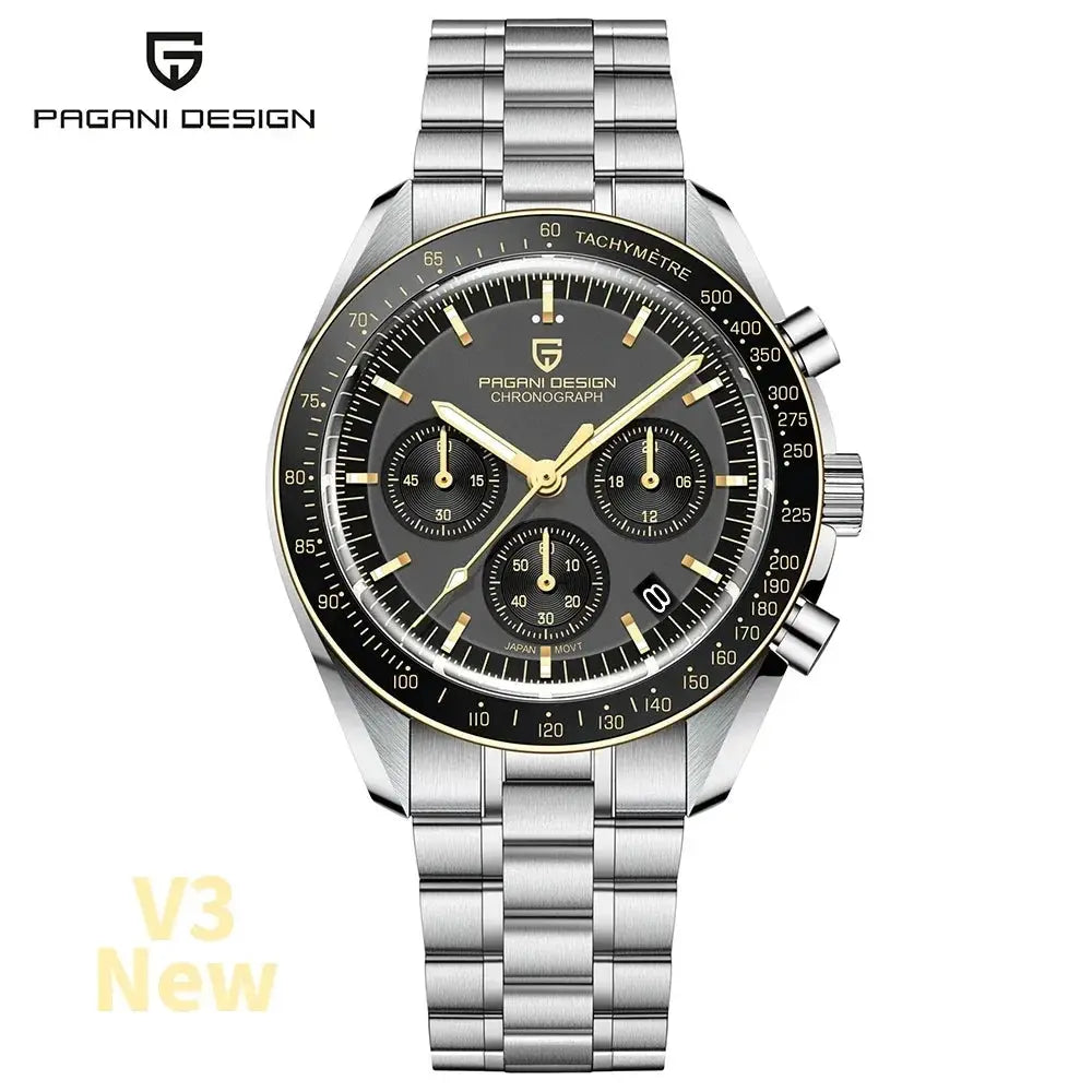 PAGANI DESIGN men's stainless steel chronograph watch with black dial, gold accents, tachymeter bezel