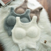 Plush fleece tank tops set of three in white, gray, and beige with built-in bra pads; cozy girls camisoles.