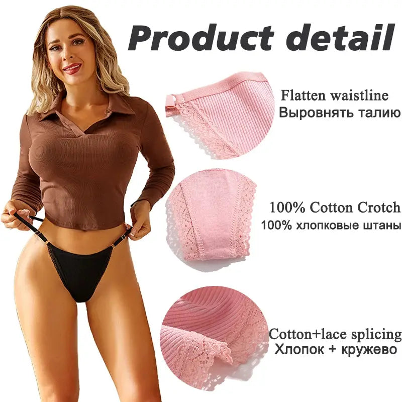 Simples Market FINETOO 5PCS G-string cotton panty set with lace trim in pink tones