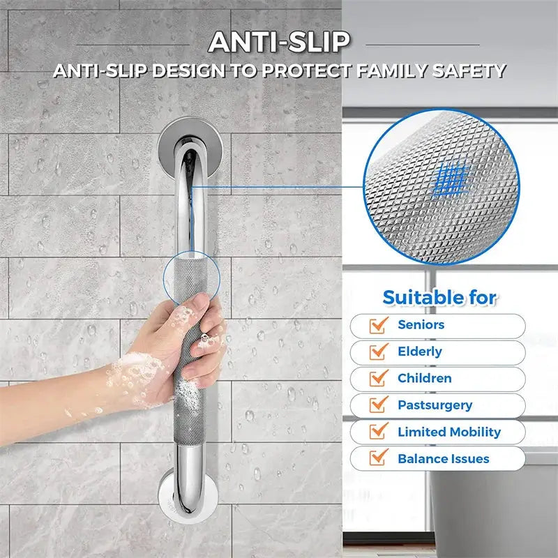 Stainless steel bathroom tub grab bar with anti-slip grip and towel rack, 300–500mm