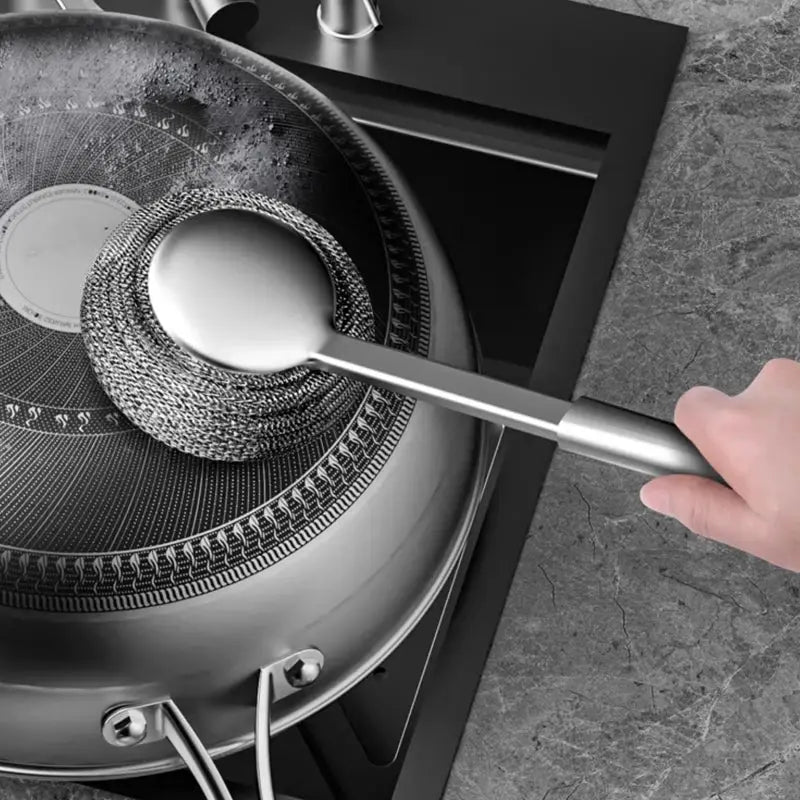 Stainless steel pot brush with long handle and steel-wool ball scrubber for dishwashing