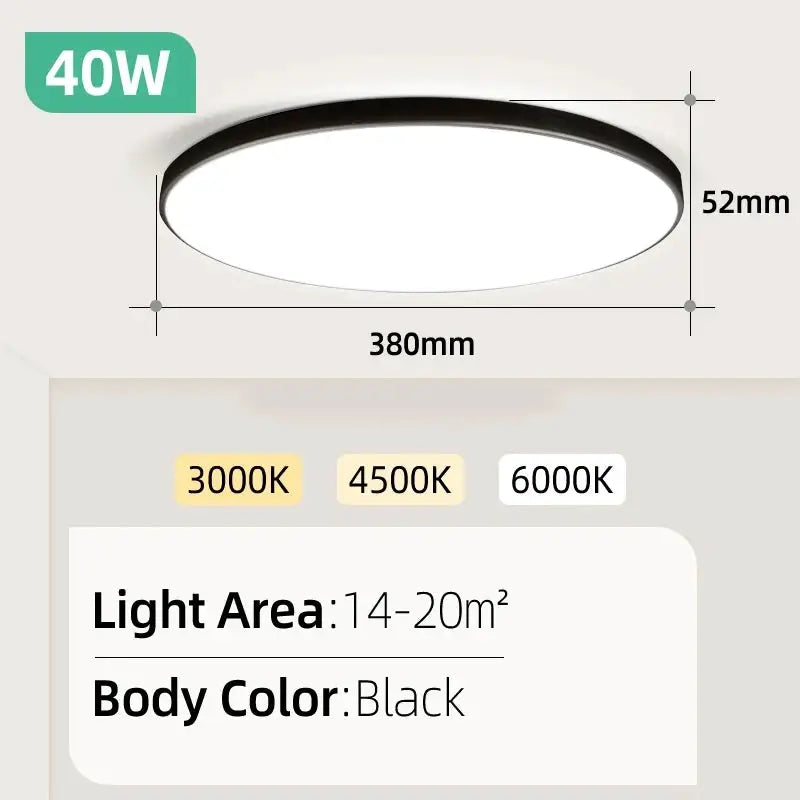 Round black LED ceiling lamp, 40W, 110–265V, 380mm diameter, 52mm thick.
