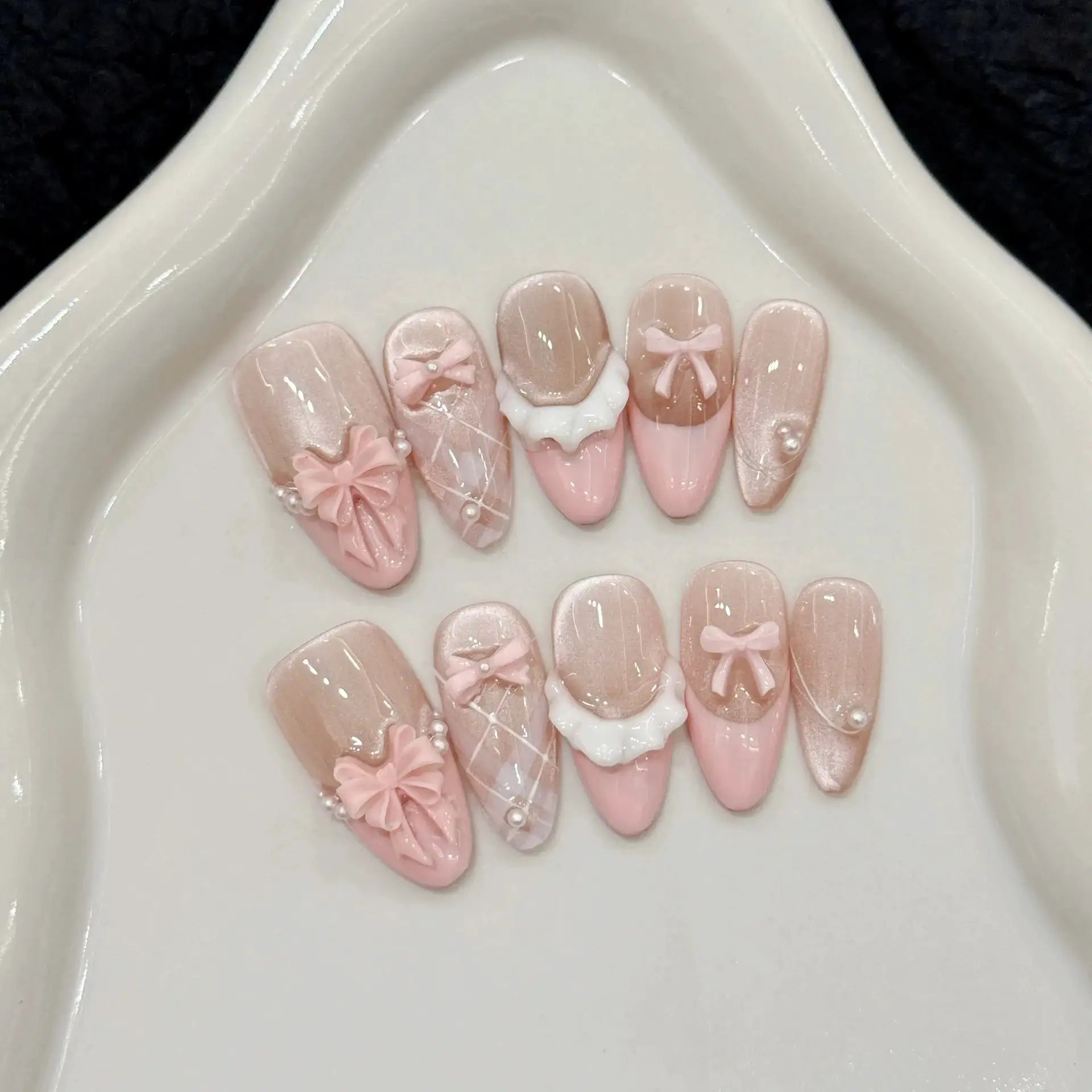 LuxeNail Cat Eye French Press On Nails With Pink Bow Decor Full Cover Almond Tips