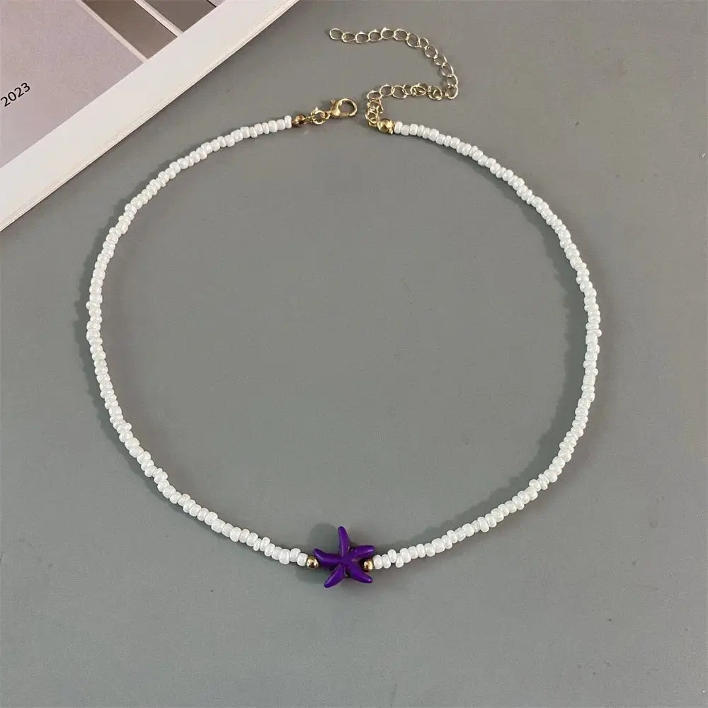 Shell Starfish Seed Beads Choker Necklace For Women Handmade Summer Vacation Gift White Jewelry