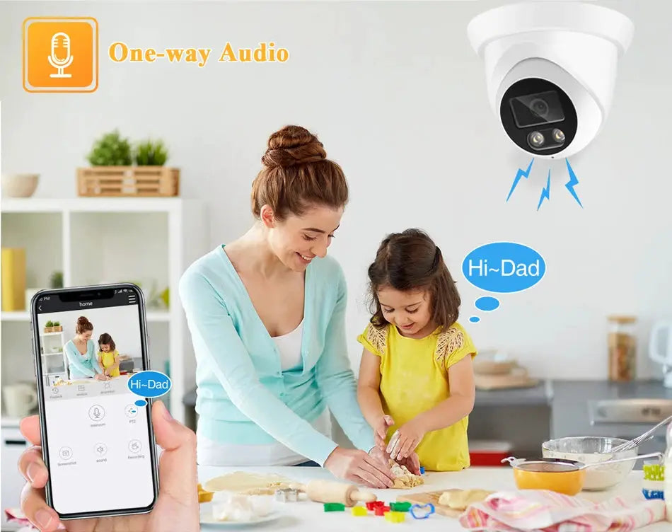 Simples Market 4K IP Camera Outdoor POE with AI color night vision and 2.8mm wide-angle, shown with mobile app.