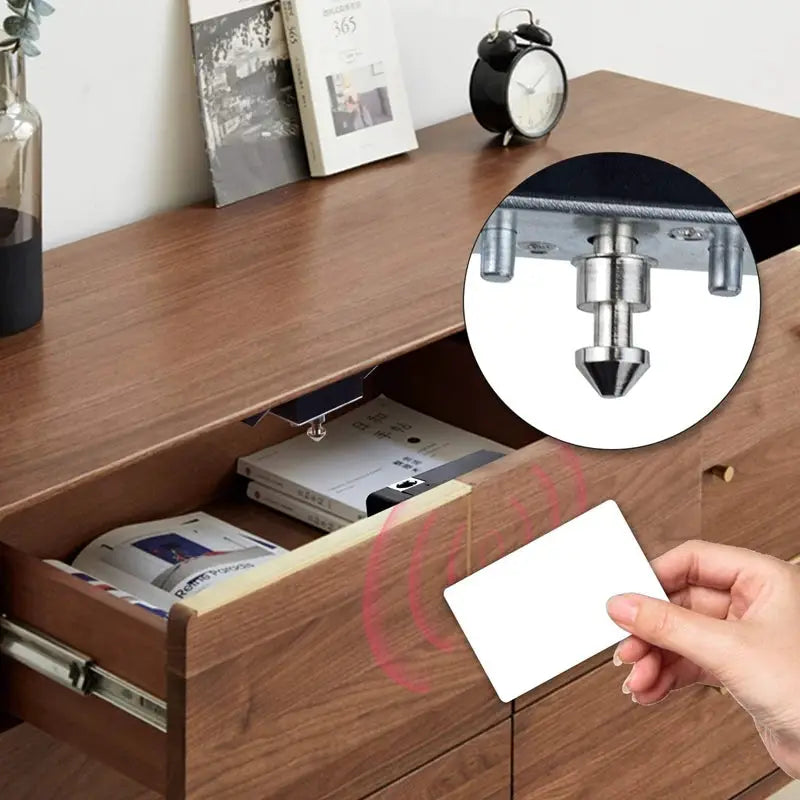 Smart RFID drawer lock for wooden cabinet with hidden mounting, 13.56MHz card access, DIY install.