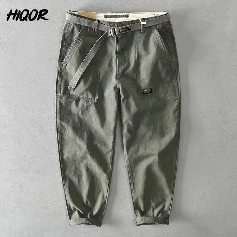 HIQOR men's olive green cargo pants, 100% cotton, loose fit with belt