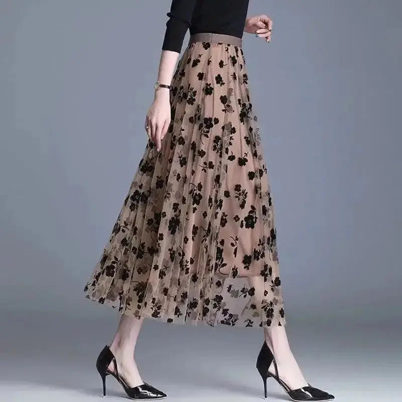 LunaGrove Floral Gauze Midi Skirt Breathable Polyester Mesh With Empire Waist Pleated A Line For Spring And Summer