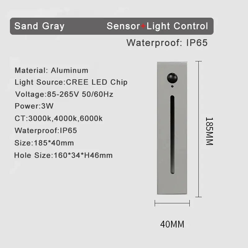 SANDIY stair light with motion sensor; sand gray aluminum recessed wall lamp, 3W IP65 waterproof