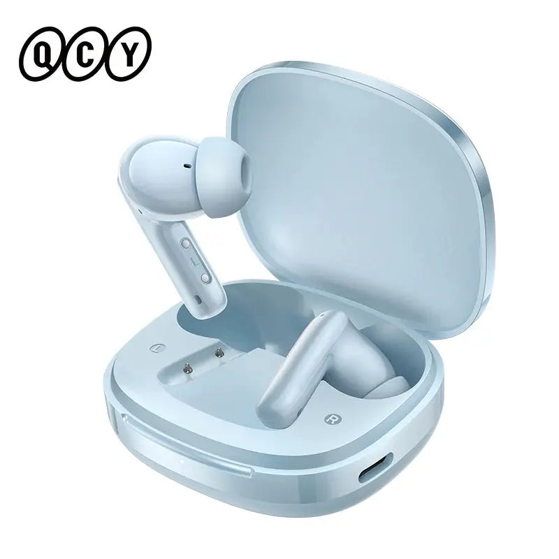 QCY T13 Pro wireless earbuds in a light blue charging case, open lid with QCY logo visible