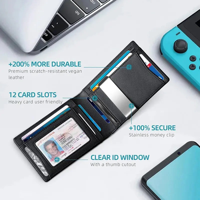 Simples Market RFID carbon fiber men’s slim wallet with 12 card slots and clear ID window