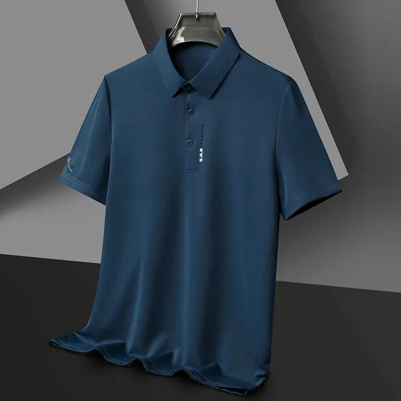 Men's navy blue short-sleeve polo shirt with collar and button placket