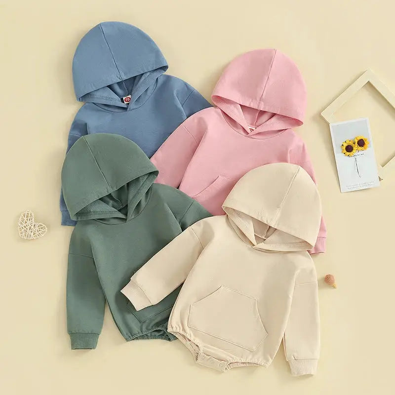 Baby Hooded Romper With Front Pocket Long Sleeve Solid Color Bodysuit For Newborn Boys And Girls Spring Autumn Playsuit