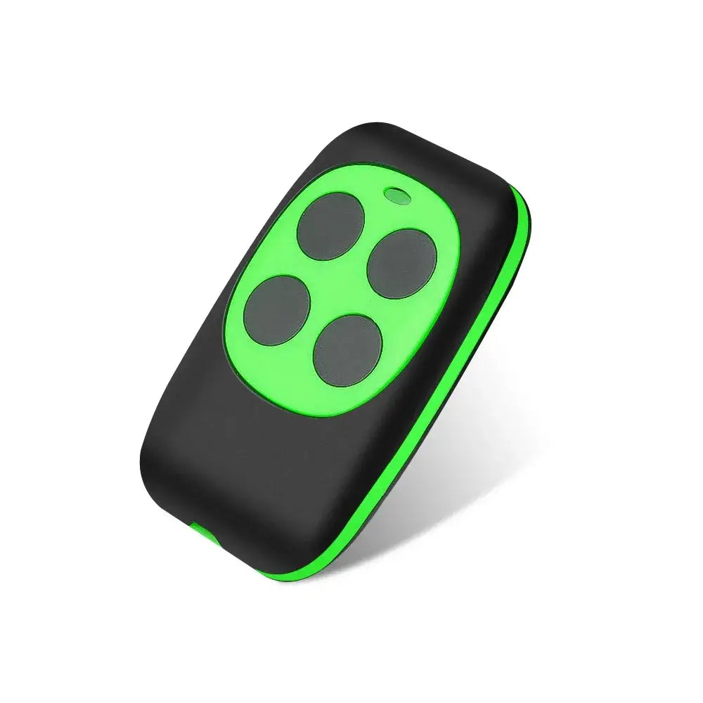 Garage door remote Simples Market, four-button black remote with neon green faceplate