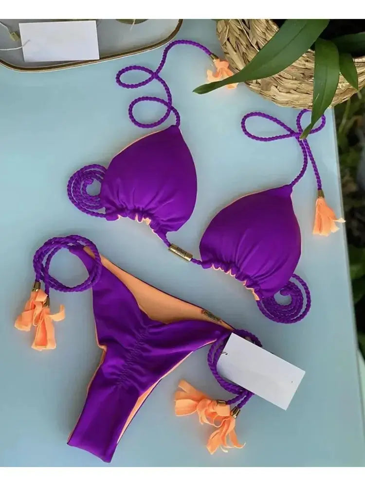 Bikini set in purple with backless rope triangle cups, peach tassels and braided straps