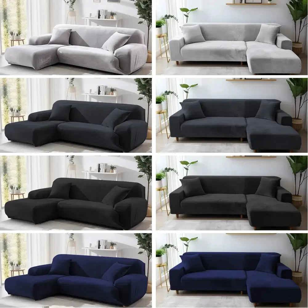Stretch velvet sofa cover for 1–4 seat sofas with elastic non-slip bottom; gray to navy options (8 variants shown).