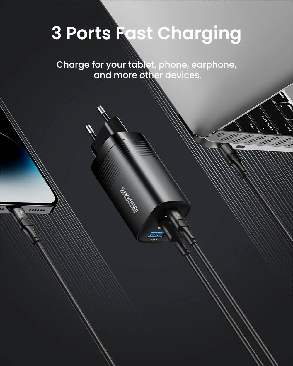 ASOMETECH GaN USB-C 3-port charger, black, 65W/45W PPS PD QC4.0 for MacBook, tablet and phone