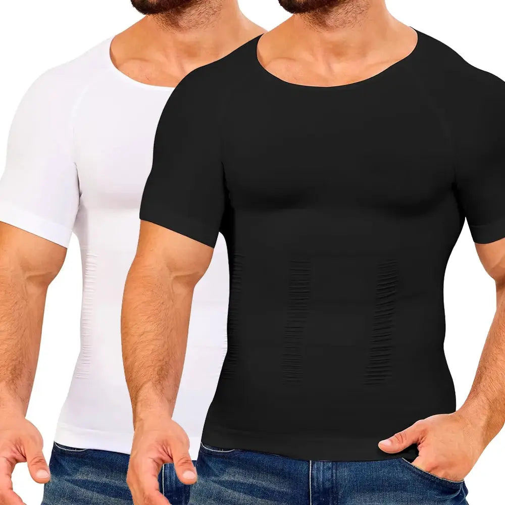 Men's short sleeve compression T-shirts, two-color set, tummy control, black front with white back.
