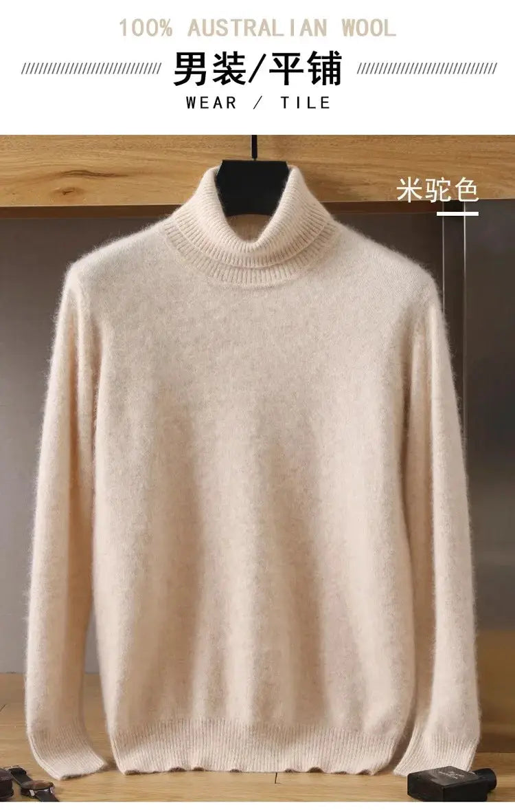 Men's beige mink-velvet cashmere sweater, ribbed high-neck knit pullover with long sleeves