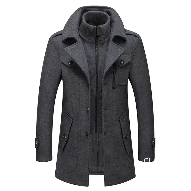 Simples Market men's wool-blend trench coat in dark gray with lapels, double-breasted buttons, and multiple pockets.