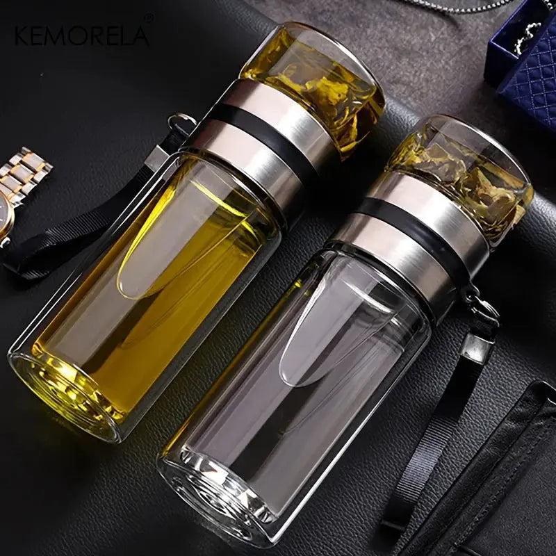 KEMORELA Leakproof Glass Tea Infuser Bottle With Double Wall Insulation And Water Separation Compartment 350ml 450ml 500ml