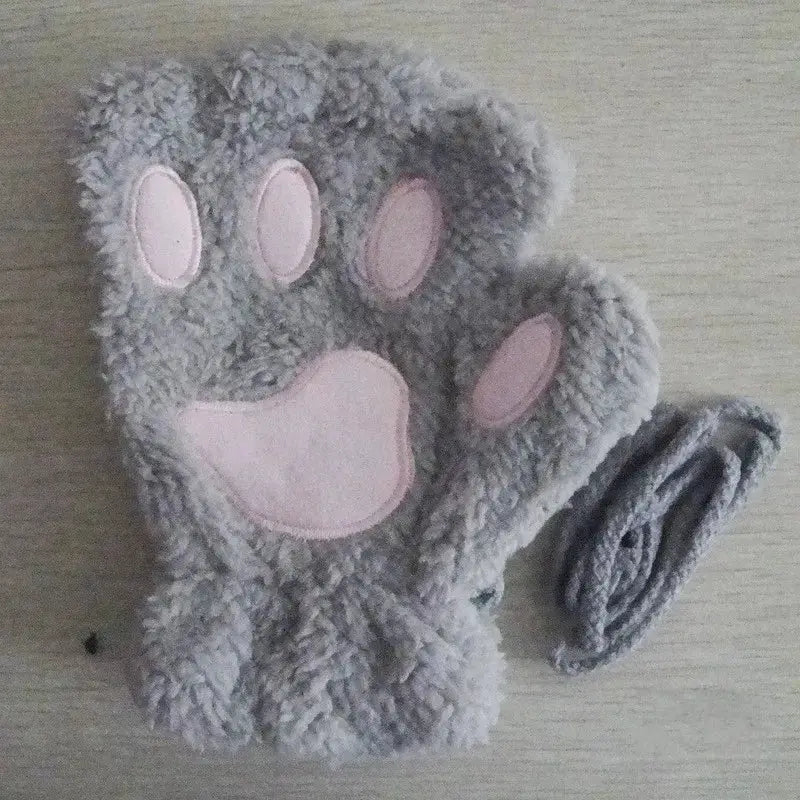 Cartoon Cute Cat Claw Paw Gloves Women Plush Mittens Warm Soft Short Fingerless Fluffy Bear Cat Gloves Costume