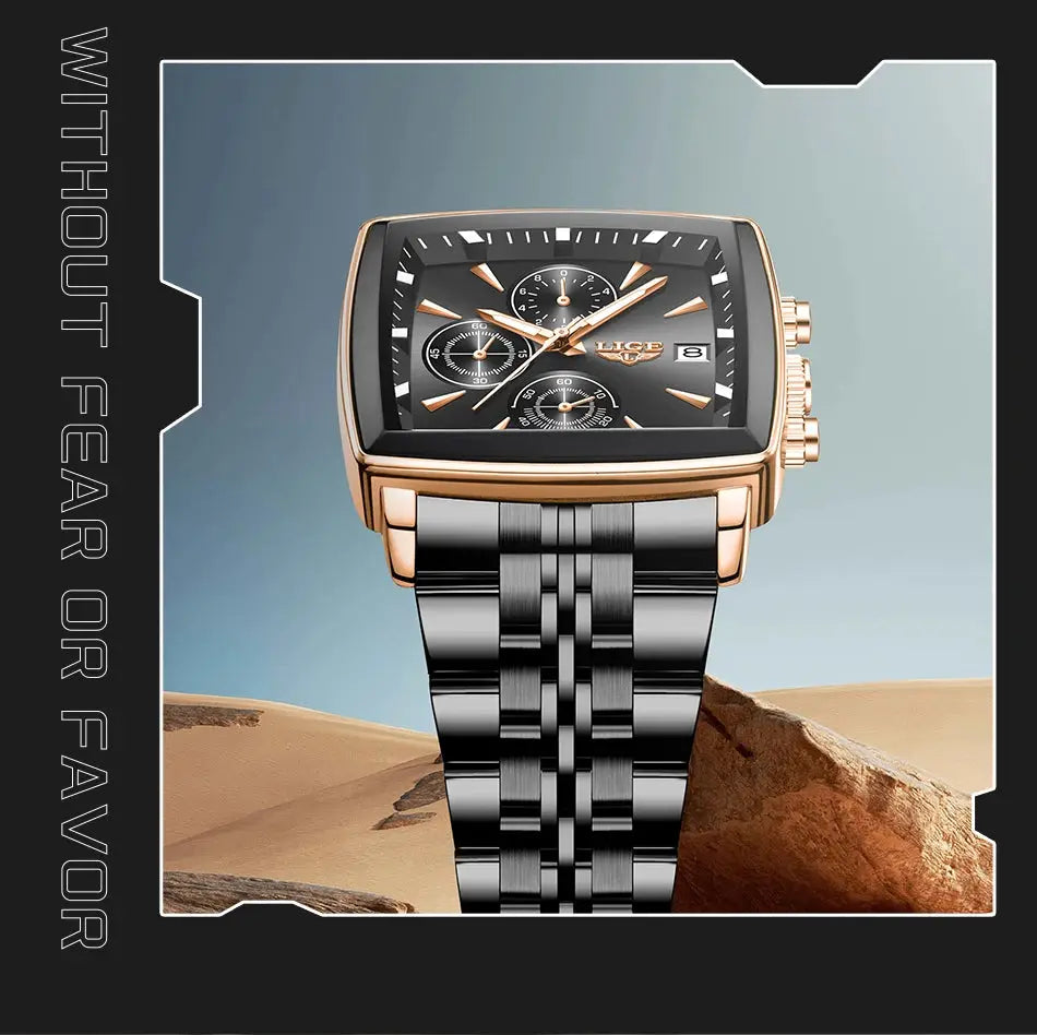 LIGE men's luxury square-dial watch with rose-gold case and stainless steel bracelet, black chronograph dial