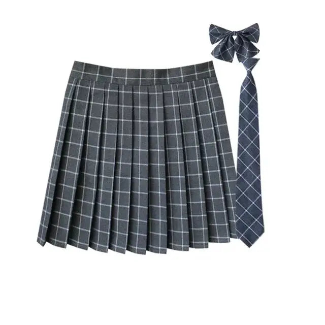 Women's navy and gray plaid pleated mini skirt with necktie set by Simples Market