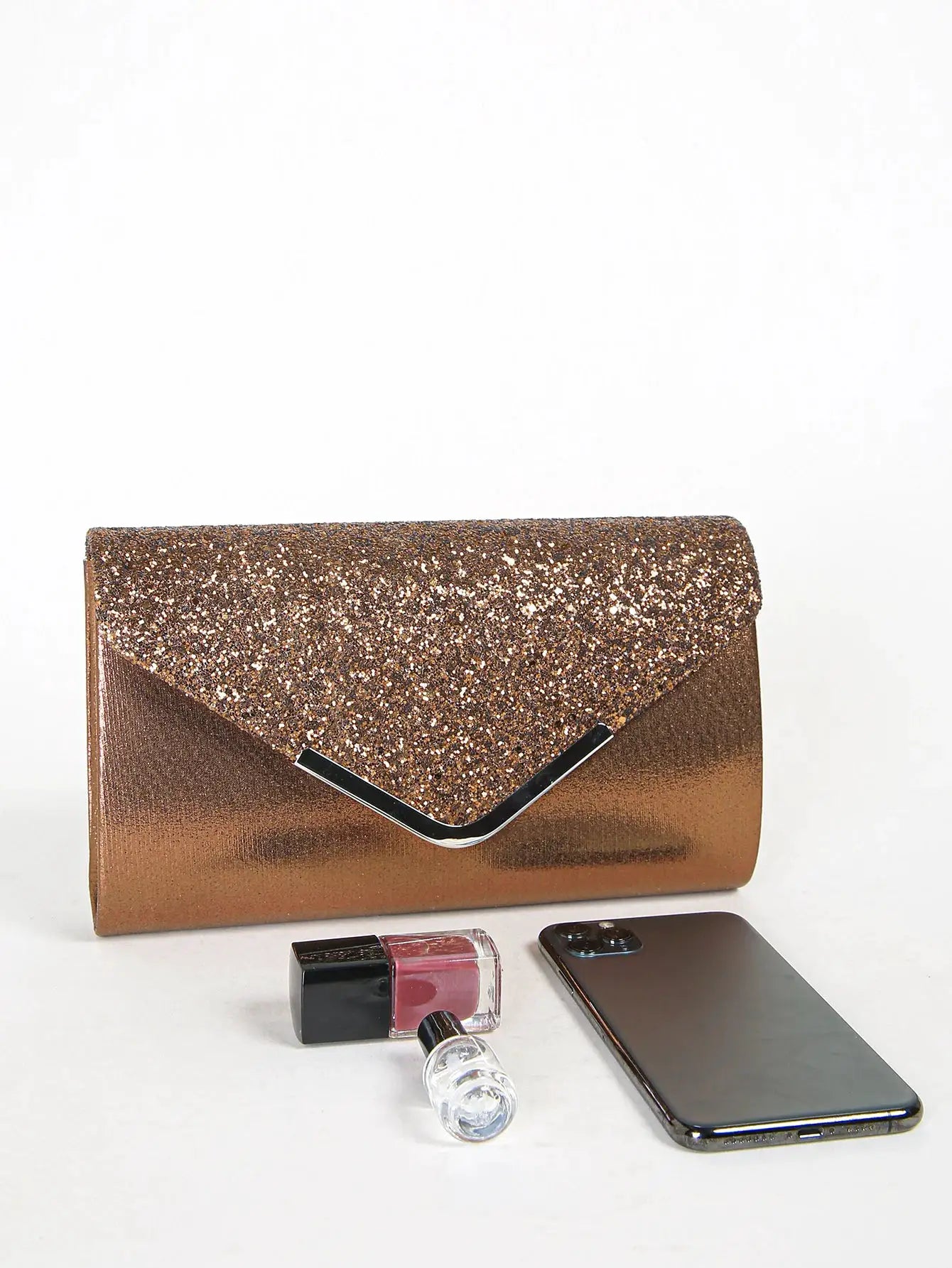 Women's brown sequin envelope clutch purse with metallic V-shaped clasp for party