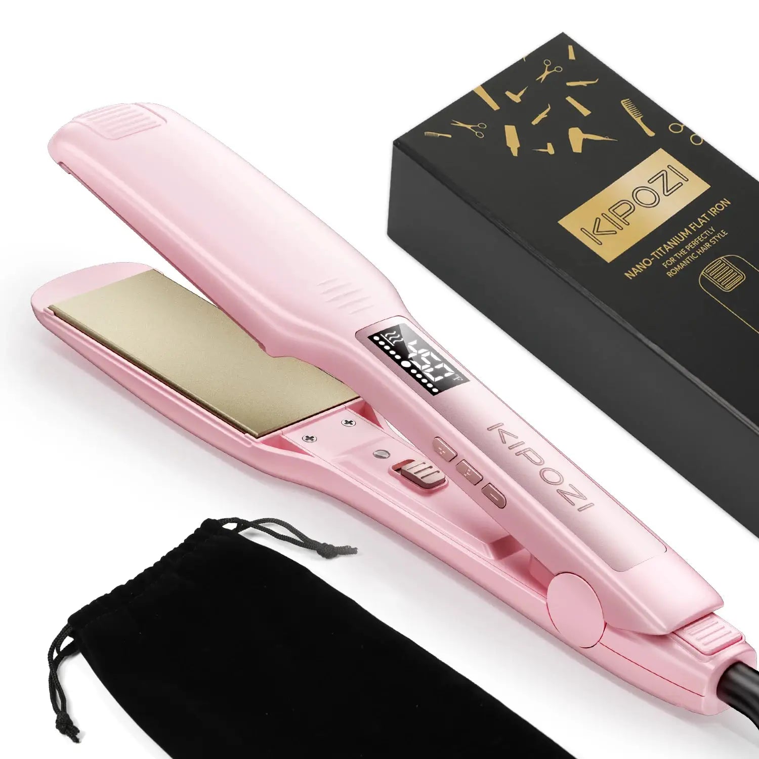 KIPOZI titanium flat iron hair straightener in pink with digital LCD display; includes black pouch